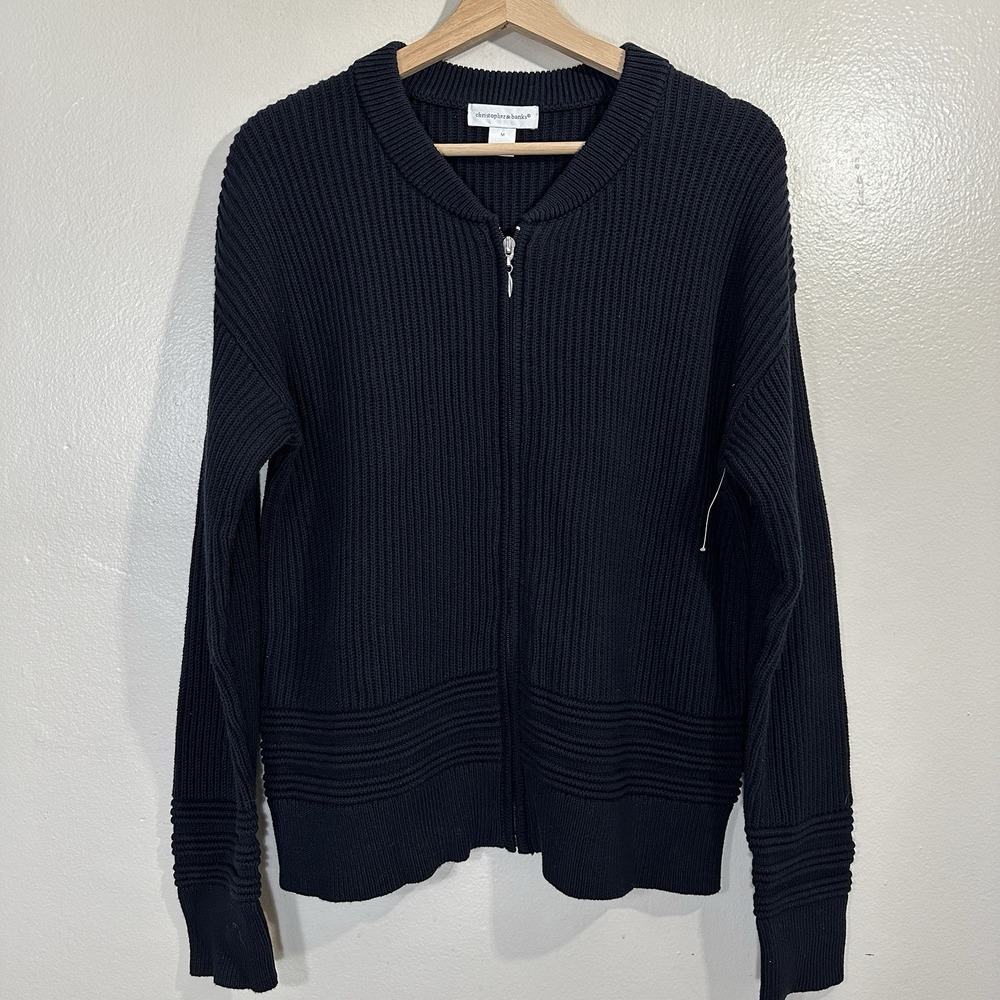 Christopher Banks Womens‎ M Black Knit Corduroy Zip Cardigan Minimalist Sweater